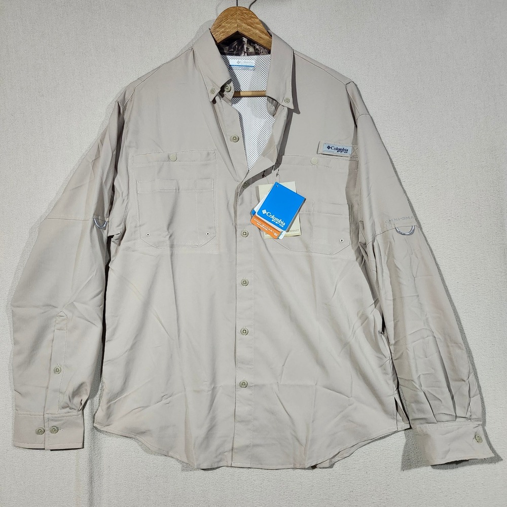 Columbia PFG Tamiami II LS Fishing Shirt Tan Mossy Oak Camo Men Small Vented